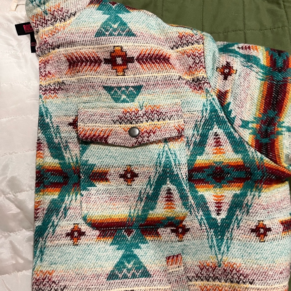 Woven Aztec Bomber Jacket in Teal & Cream - Picture 5 of 6